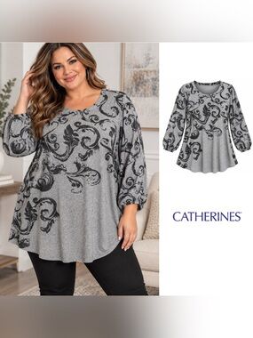 NEW Catherines Plus Size Gray Scroll Print Tunic Top